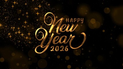 Happy new year 2026 text animation in gold with fireworks, perfect for festive promotions, social media posts, digital invitations, and holiday designs. - Powered by Adobe