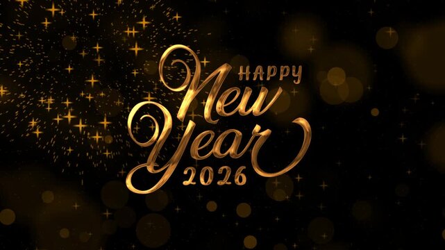 Happy new year 2026 text animation in gold with fireworks, perfect for festive promotions, social media posts, digital invitations, and holiday designs.
