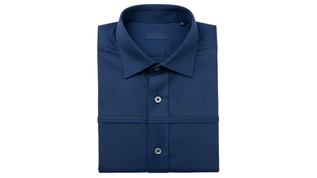 Neatly folded dark blue formal garment displays crisp collar and central buttons against a stark black backdrop