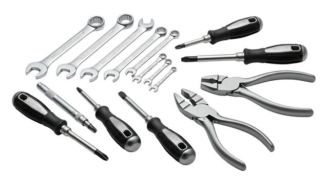 Assortment of essential metal hand tools arranged against a dark background