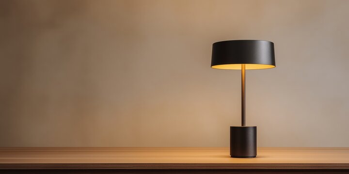 Modern table lamp on wooden surface casting warm light against neutral background.