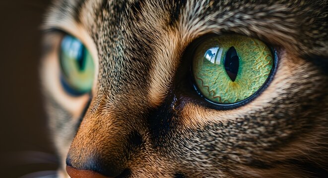 Hypnotic Emerald Gaze: Macro Close-up of a Tabby Cat's Vibrant Green Eye and Textured Fur