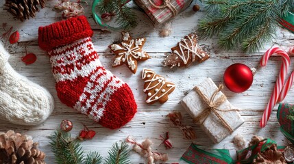 Cozy christmas stocking filled with festive treats and holiday decorations on a rustic wooden surface