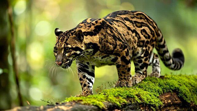 Majestic Clouded Leopard Walking on a Mossy Branch in the Jungle.