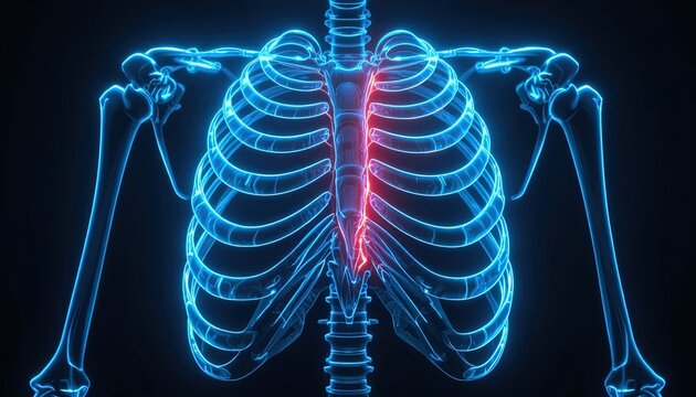 Vibrant blue human rib cage with sternum highlighted in red for medical illustration or healthcare promotion, anatomy awareness and health education visuals