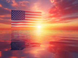 Golden Sunset Illuminating an American Flag Reflection on Water