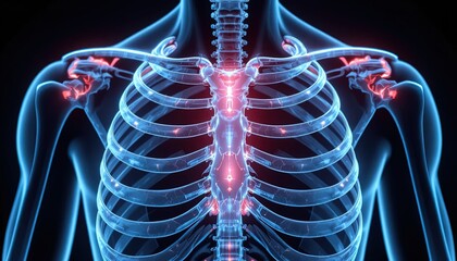 Stunning 3D rendering of human ribcage and shoulder bones highlighting pain points for medical research and anatomical study resources