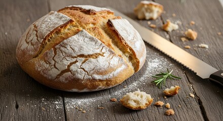 Freshly baked sourdough bread loaf on rustic wood table with knife and rosemary sprig still life image