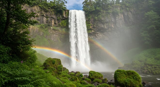 Majestic Waterfall Plunges into Misty Gorge, Adorned by Double Rainbows and Lush Greenery