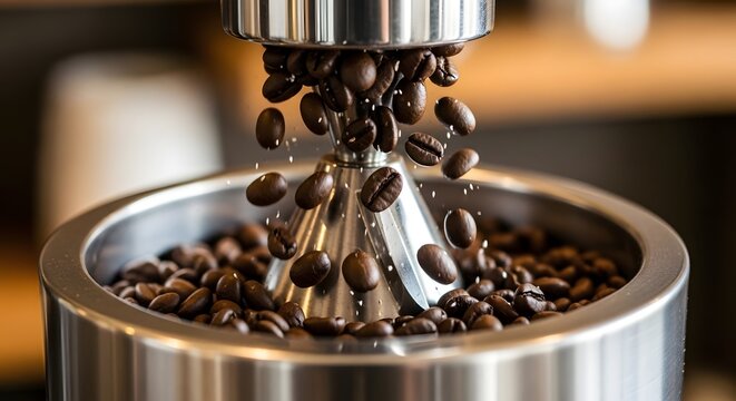 Fresh coffee beans falling into grinder for perfect morning brew and flavorful espresso drink at home
