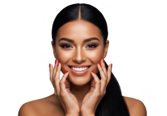 Radiant young woman with flawless skin and perfect makeup showcasing natural beauty transparent background