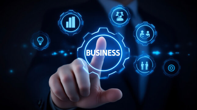 Business strategy and technology concept with gears and icons for digital transformation era