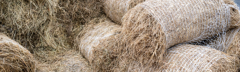 Orchard grass hay feed for farm livestock and domestic animals, small rolls of bailed and stacked for storage and sale
