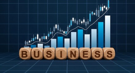 Business growth chart with wooden blocks spelling business and a rising graph, illustrating financial success and market improvement in a dynamic economy