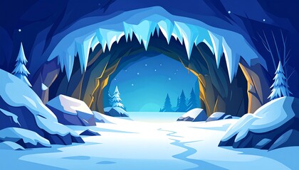 A cartoon scene depicts a snowy winter landscape. An icy cave entrance opens to a path leading to a frozen area with trees. Stars shine