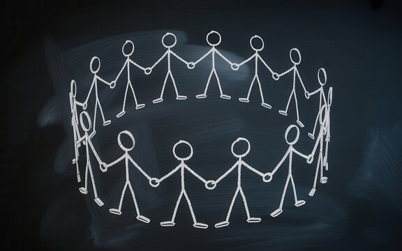 Circle of stick figures holding hands symbolizing unity and connection