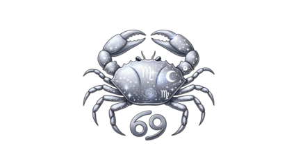 Detailed silver crab illustration represents the astrological sign of Cancer against a dark background