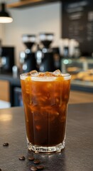 Iced coffee beverage with caramel topping sits on a dark counter surface in a cafe setting