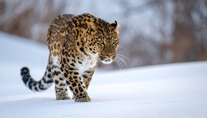 Obraz premium A big cat, camouflaged with a spotted coat, gracefully walks across a snowy expanse, facing the camera