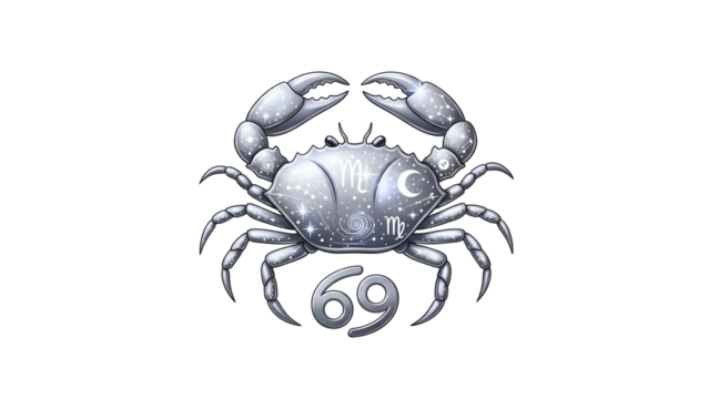 Detailed silver crab illustration represents the astrological sign of Cancer against a dark background