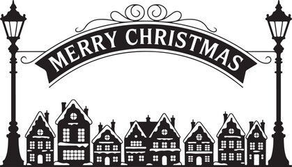Merry Christmas vintage town scene vector silhouette. Winter holiday landscape with a snowy village and street lamps © Masud