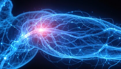 Stunning neuron network with glowing connections for science and tech visuals, showing communication, complexity, and innovation in a vibrant, modern design