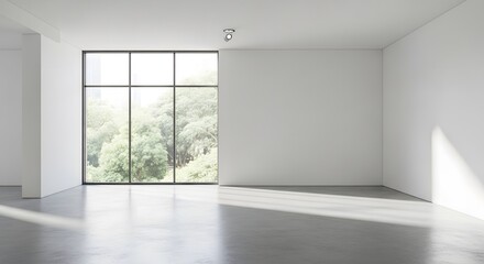 Obraz premium Bright Empty Room with Large Window Showcasing Minimalist Interior Architecture with White Walls Concrete Floor and Natural Light Modern Design and Contemporary Space