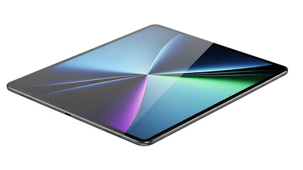 Thin electronic tablet device rests diagonally against a deep black background showing vibrant display graphics