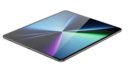 Thin electronic tablet device rests diagonally against a deep black background showing vibrant display graphics