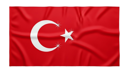 Waving textile banner displaying national symbols against a dark background