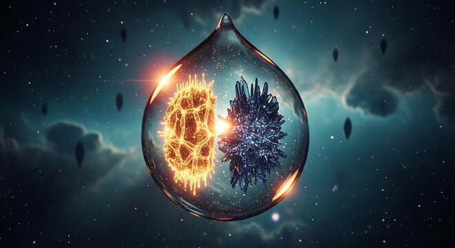 A captivating digital artwork showcasing a water drop containing two distinct entities, one glowing orange and the other a cool blue, set against a starry sky