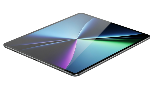 Thin electronic tablet device rests diagonally against a deep black background showing vibrant display graphics