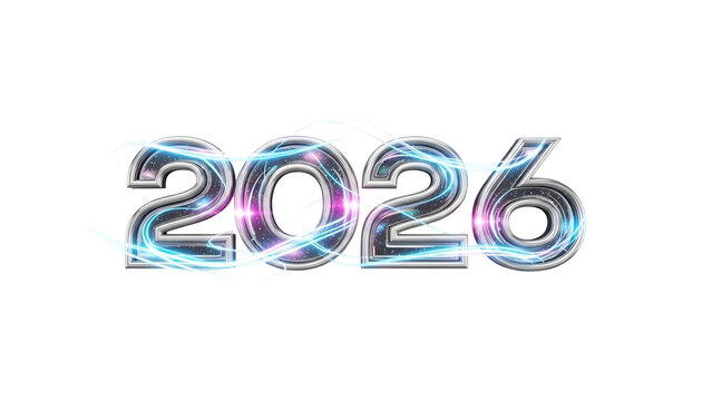 Metallic numerals for the year two thousand twenty six are enveloped in bright, flowing light trails