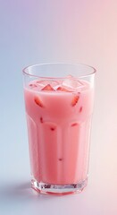 Tall glass filled with chilled pink beverage containing strawberry pieces and ice cubes rests on a light surface