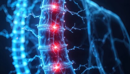 Stunning spine illustration with vibrant nerves and red highlights for medical research or education, showing intricate neural connections and potential pain points