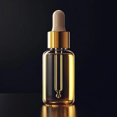Naklejka premium Cosmetic serum bottle golden glass dropper on black background