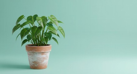 Fototapeta premium Healthy green foliage sprouts upward from a weathered terracotta container against a soft pastel background.