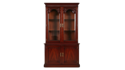 Tall, richly finished wooden display cabinet stands isolated against a dark background