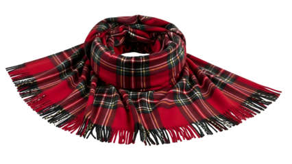Warm woolen garment featuring a vibrant red plaid pattern draped elegantly on a solid dark background