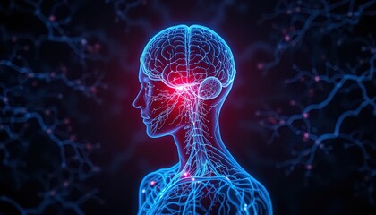 Stunning neural network visualization of human brain activity for medical research and healthcare innovation, showcasing intelligence and technology advancements