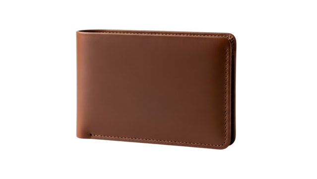 Smooth brown leather bi-fold accessory displayed against a solid dark background