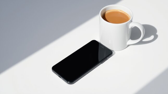 Morning Coffee and Smartphone with Strong Shadows