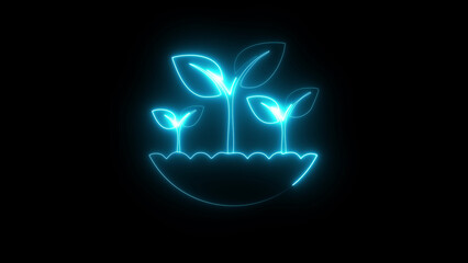 Neon cyan color seedlings planted in a field on black background, glowing young plants growth concept, digital agriculture and sustainability symbol, eco farming sprout graphic, futuristic nature