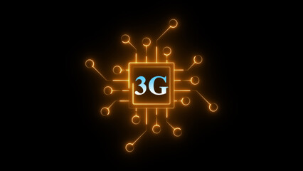 Neon 3G chip circuit icon glowing mobile network processor symbol, digital communication technology chipset graphic, bright electronic board interface for wireless connectivity and telecom system