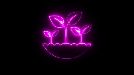 Neon pink color seedlings planted in a field on black background, glowing young plants growth concept, digital agriculture and sustainability symbol, eco farming sprout graphic, futuristic nature