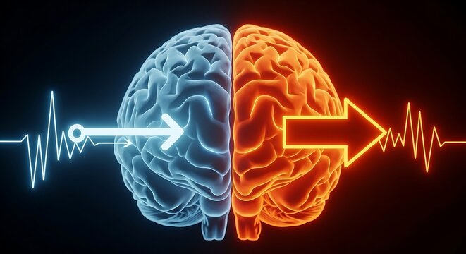 Conceptual 3d rendering of two brains, one blue and one orange, connected by arrows representing the flow of information and contrasting thought processes - Powered by Adobe