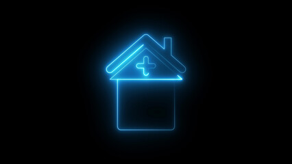 Neon hospital icon glowing healthcare building symbol, modern medical center graphic, bright emergency clinic sign for health service interface