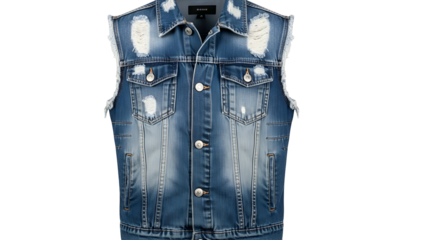 Sleeveless blue denim outer garment featuring distressed detailing is centered against a dark background