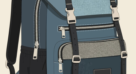 Detailed illustration of a blue and gray backpack with zippers and straps, showcasing its design and features.