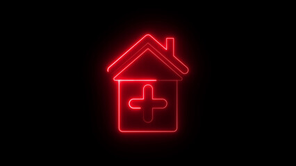 Neon hospital icon glowing healthcare building symbol, modern medical center graphic, bright emergency clinic sign for health service interface
